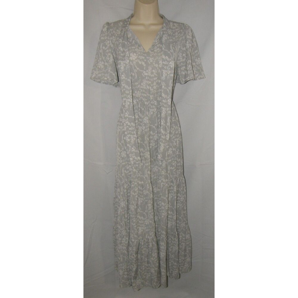 POLAGRAM Gray Ditsy Floral Sz Medium Lined Tiered Flowy Boho Maxi Dress Pockets